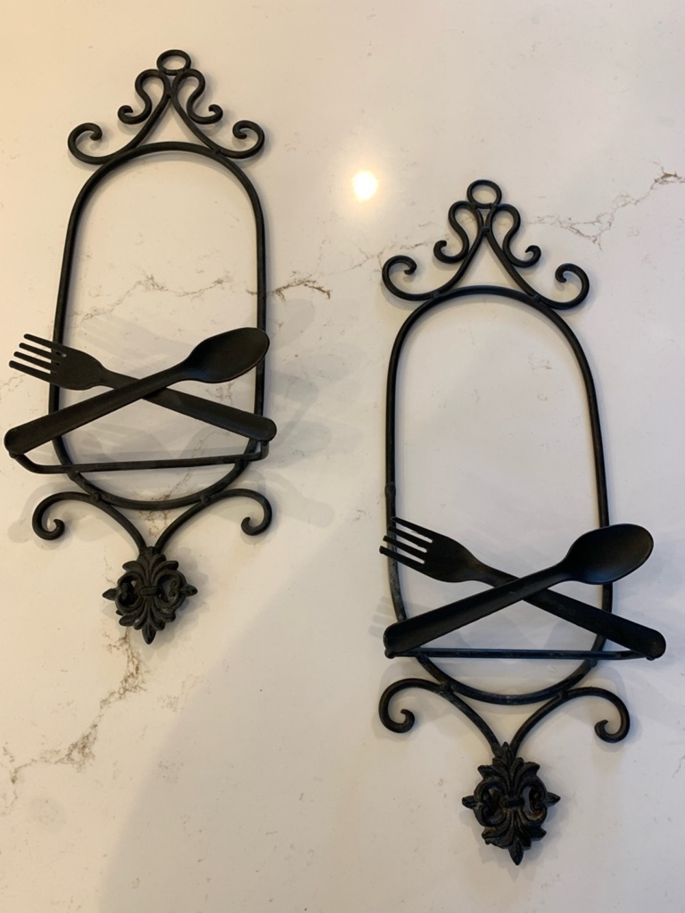 Wrought Iron Kitchen Wall Decor Fork & Spoon w/ Fleur-de-lis Detail Set Of 2.